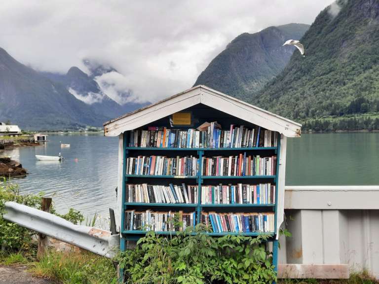 Bücherregal vor schöner Kulisse