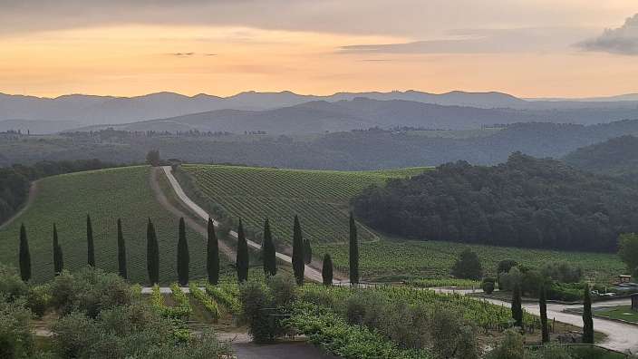 Sonnenaufgang auf einem Weingut in Chianti
